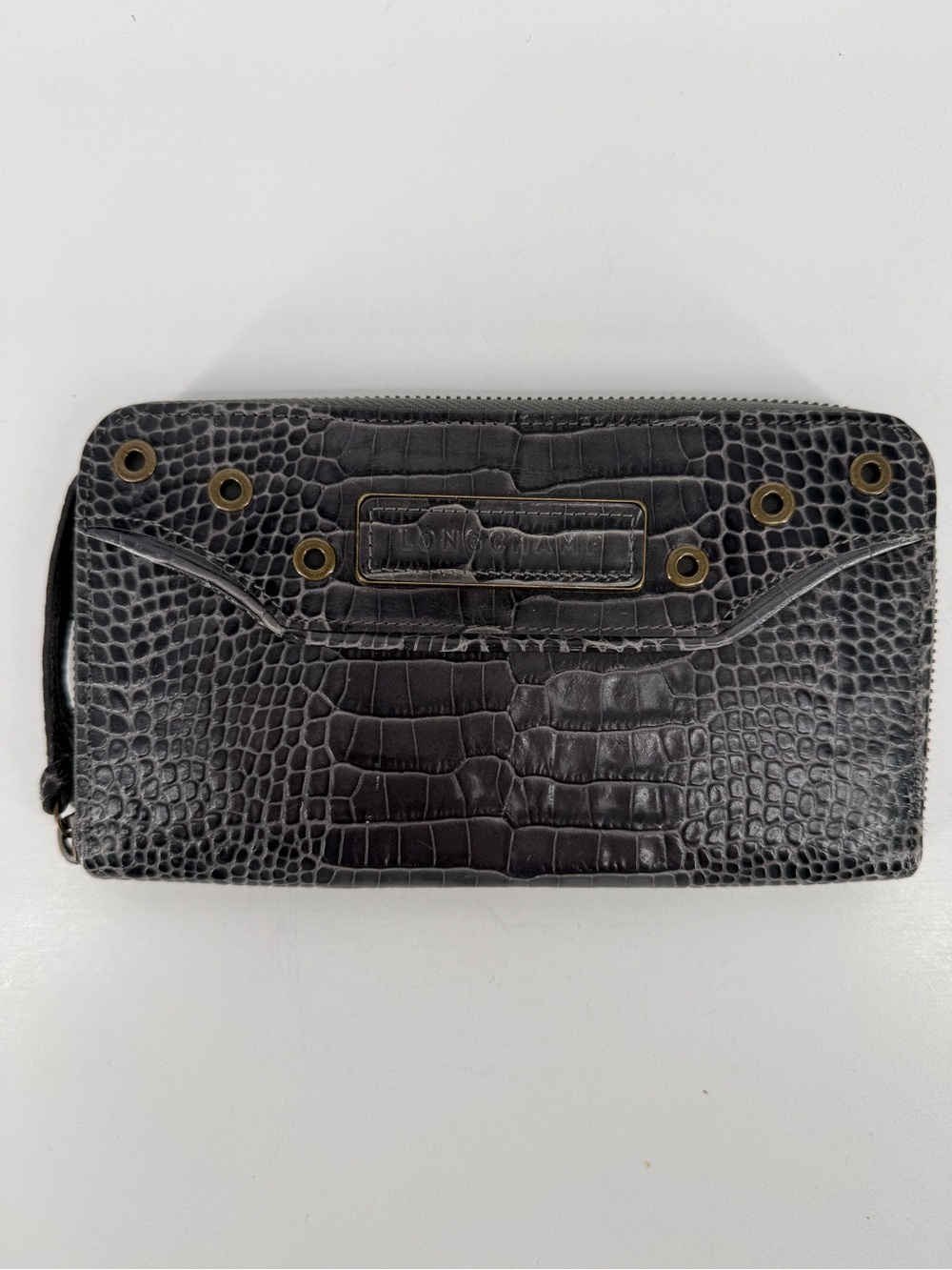 Longchamp Black Croc-Embossed Zip-Around Wallet with Stud Detail